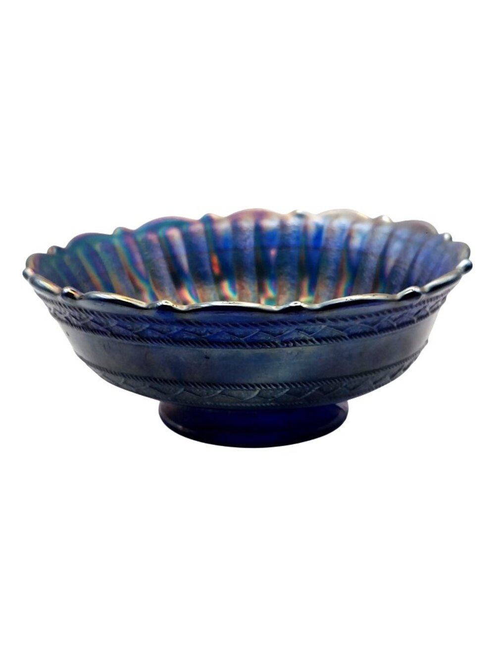 Fenton Carnival Glass Footed Bowl Stippled Rays Scale Band Cobalt Blue Vtg 1908